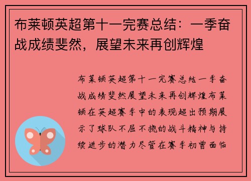 布莱顿英超第十一完赛总结：一季奋战成绩斐然，展望未来再创辉煌