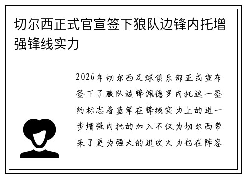切尔西正式官宣签下狼队边锋内托增强锋线实力