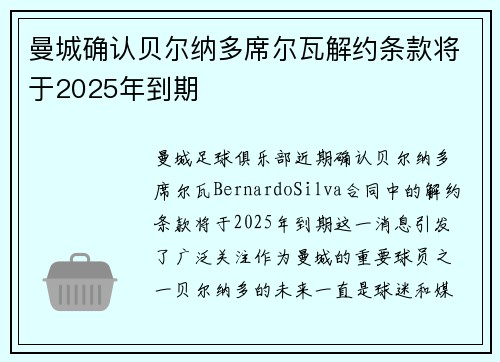 曼城确认贝尔纳多席尔瓦解约条款将于2025年到期