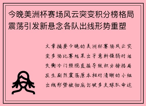今晚美洲杯赛场风云突变积分榜格局震荡引发新悬念各队出线形势重塑